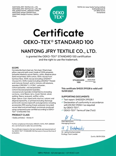 Nhà máy của chúng tôi đạt được chứng nhận OEKO-TEX STANDARD 100 cho khăn trải...